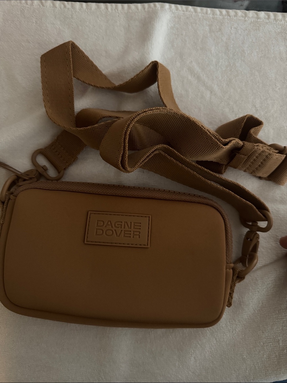 Dagne Dover Tan Neoprene Belt Bag with Adjustable Strap